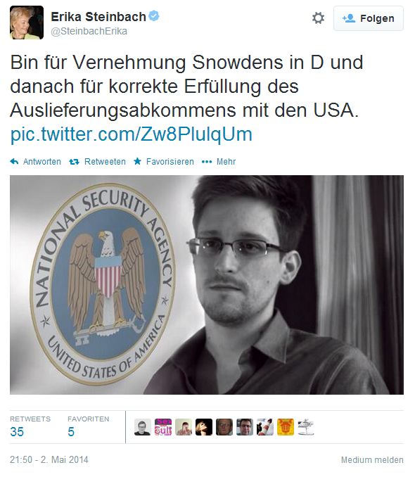 Twitter SteinbachErika Bin für Vernehmung Snowdens ...